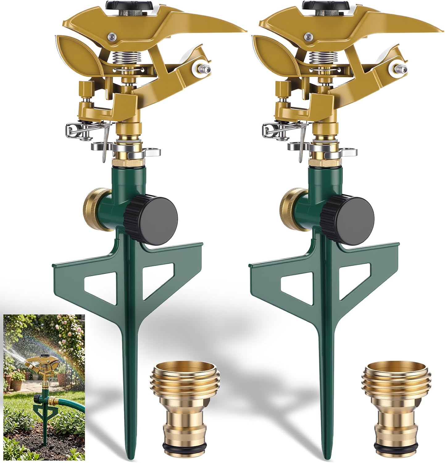 4 Pack Impact Sprinkler for Yard on Spike Base, Heavy Duty Metal Impact Sprinkler Head with 360° Adjustable Spray for Large Area Lawn & Yard Irrigation