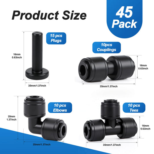 45 Pack Quick Connect 1/4 Inch Drip Irrigation Fittings Kit, 1/4" Dripline Push-to-Fit Connectors Assortment for 1/4-Inch Drip Tube for Garden Sprinkler Systems