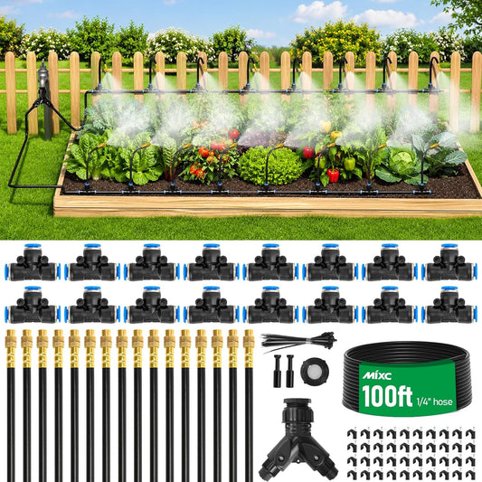 1/4" 100Ft Drip Irrigation System for Garden with 16pcs 360°Adjustable Brass Nozzles & Bendable Rod,Upgraded Watering System Kit for Outdoor Plants,Lawn,Raised Bed,Potted Plant,Yard,Greenhouse
