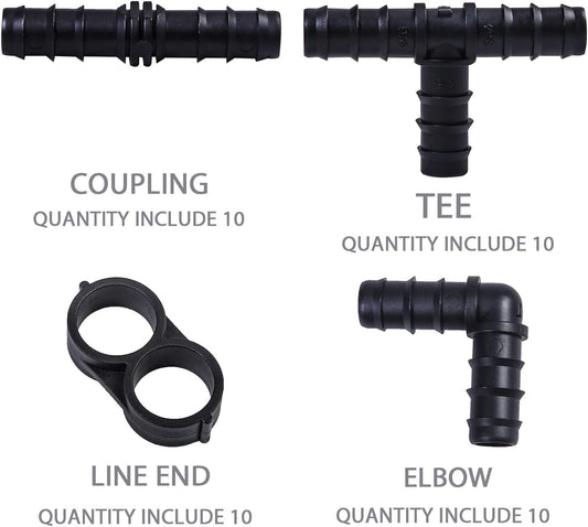 40 Pieces Drip Irrigation Fittings Kit 1/2" Tubing Set, 10 Tees, 10 Couplings, 10 Elbows and 10 End Cap Plugs Drip Irrigation Barbed Connectors for Drip Sprinkler Systems