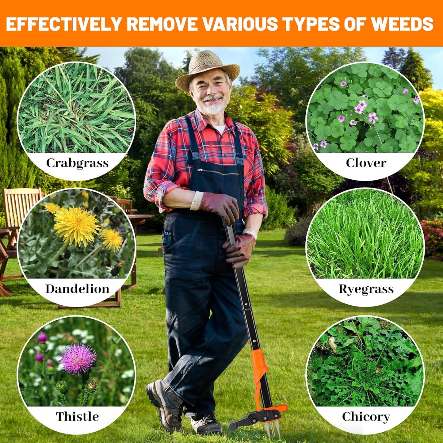 Weed Puller Tool, Stand Up Weed Puller Heavy Duty, Weeding Tool with 39" Ergonomic Long Handle and 4 Manganese Steel Claws, Easy Eject Mechanism, Weeding Without Bending, Pulling, or Kneeling