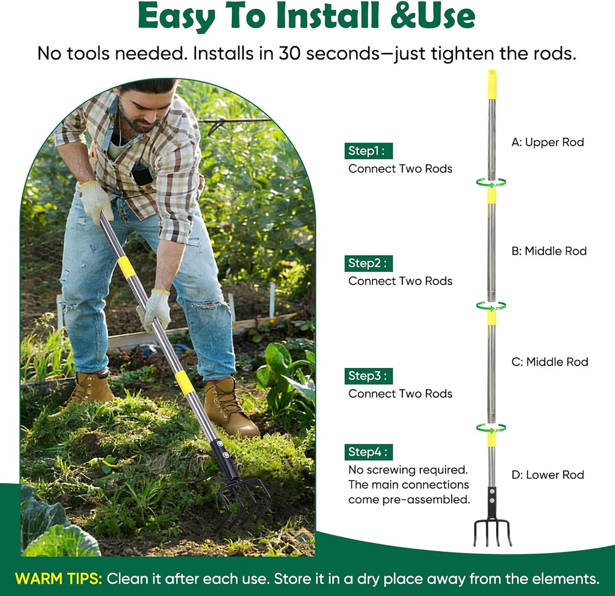 Garden Hand Tiller Cultivator, 4-Tine Adjustable Long Handle