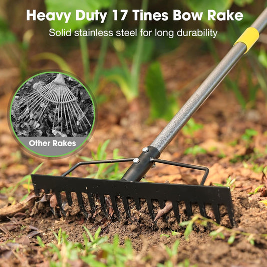 Heavy Duty Metal Bow Rake for Lawn , 17 Steel Tines Garden Rake