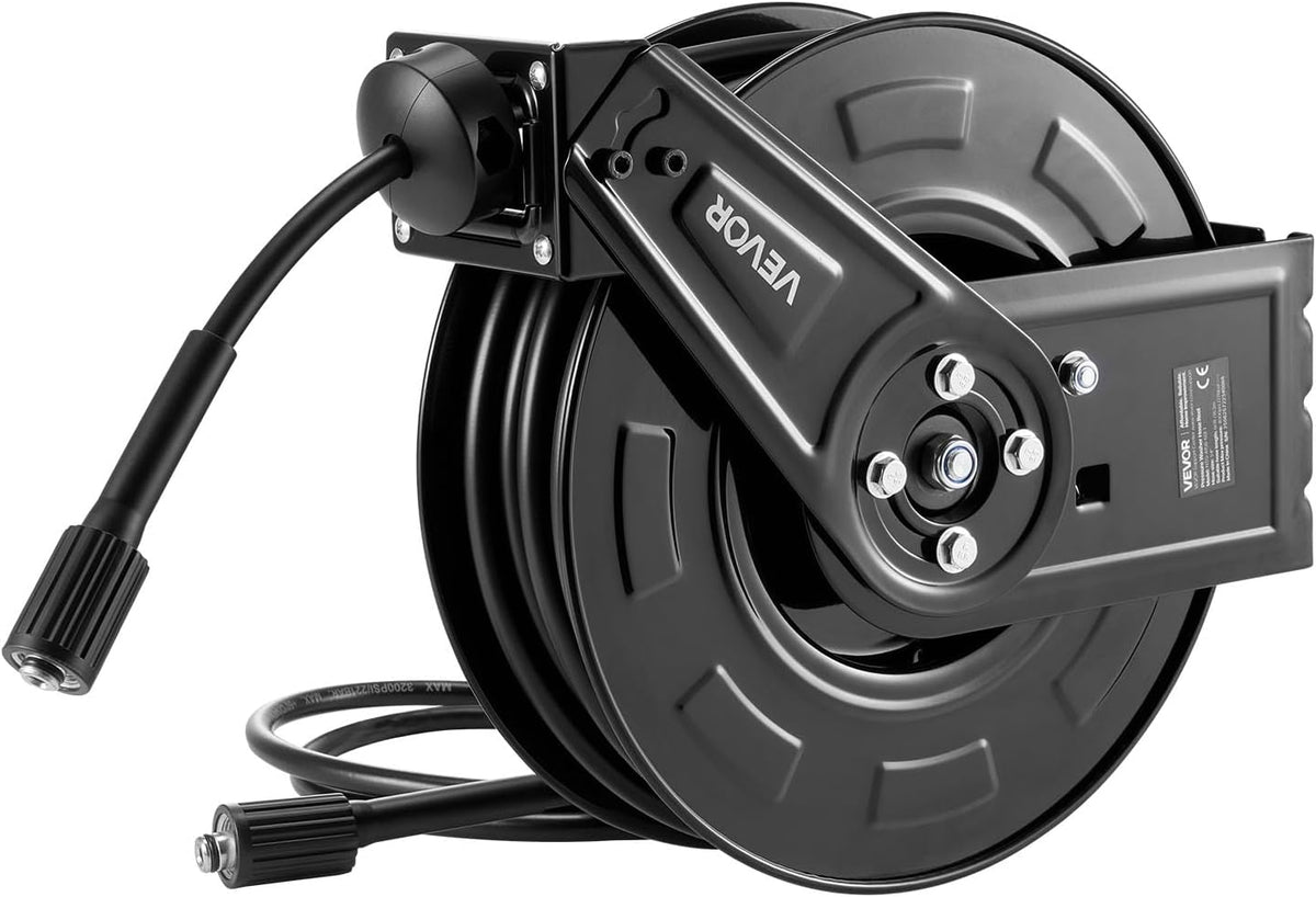 Pressure Washer Hose Reel, 65 ft x 1/4 inch Retractable Power Heavy-Duty Steel Washer Hose Reel, 3200PSI Max, Auto-Rewinding, Flexible Wall/Floor Mounted for Car Washing,Garden,Floor Cleaning