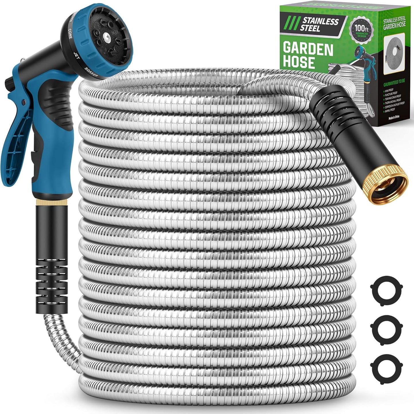 Metal Garden Hose 50FT with 10-Function Nozzle, No-Kink Water Hose