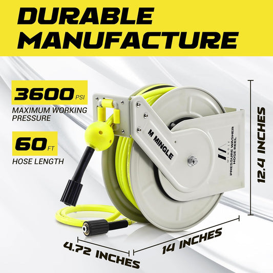 Retractable Pressure Washer Hose Reel, 1/4" × 60ft Power Washer Hose Reel, Auto Rewind Hose Reel, Wall/Floor Mounted, 3600 PSI