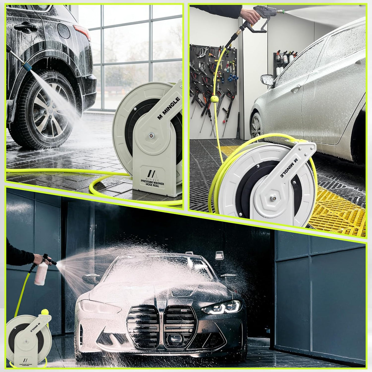 Retractable Pressure Washer Hose Reel, 1/4" × 60ft Power Washer Hose Reel, Auto Rewind Hose Reel, Wall/Floor Mounted, 3600 PSI