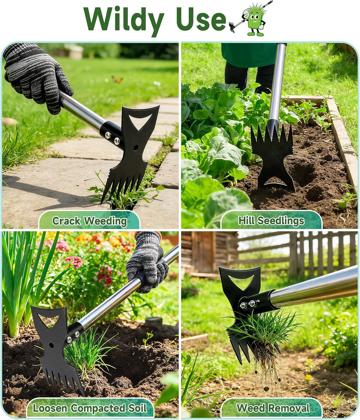 71in Weed Puller Tool with Long Handle, Adjustable Garden Hoe and Weed Rake