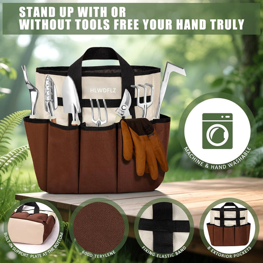 Garden Tool Set, 12 Pcs Heavy Duty Floral Gardening Tools Kit with Gardening Hand Weeder Tools, Durable Storage Bag and Gardening Gloves, Gardening Gifts for Women and Men Brown