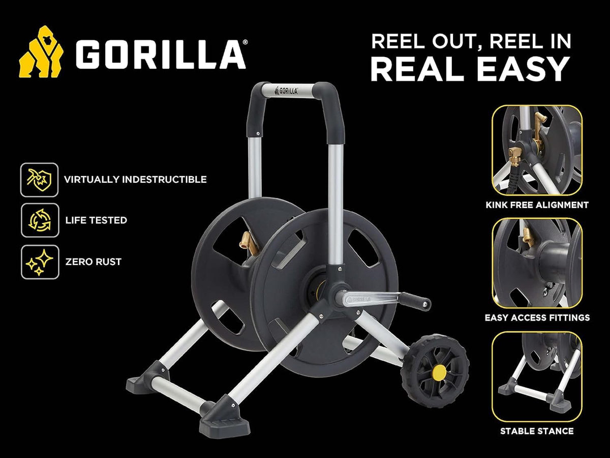 Gorilla Mobile Aluminum Garden Hose Reel, 225 Ft, Zero-Rust, No-Leak Brass