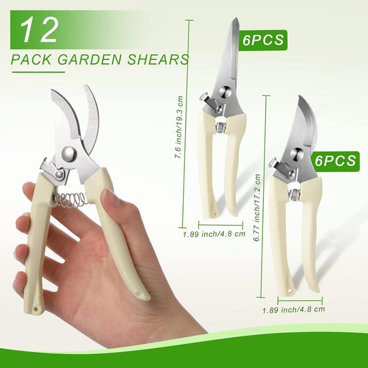 12 Pcs Garden Shears Flower Scissors Pruning Shears Floral Garden Clippers Hand Pruners Branch Cutter Gardening Tools for Plants Cutting, Trimming, Fruits Picking (Beige,Bypass, Straight)