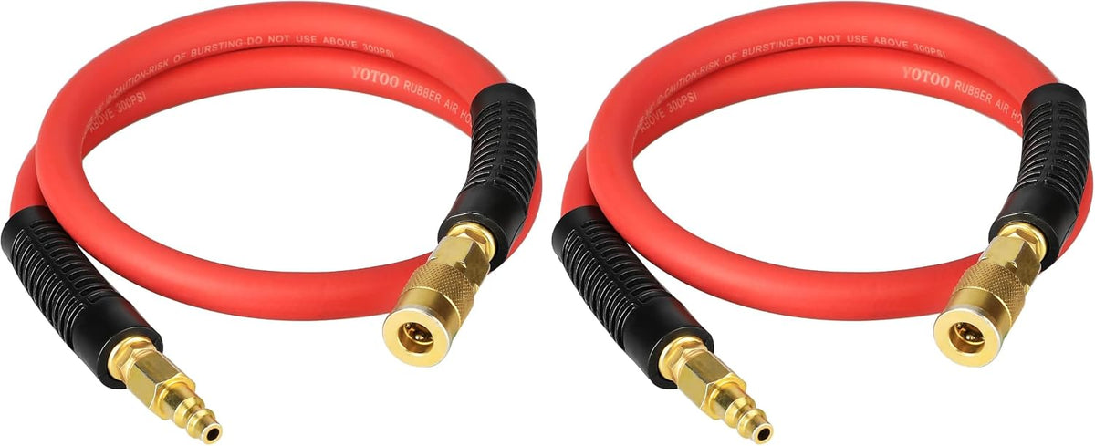 Heavy Rubber Short Air Hose 3/8-Inch by 3-Feet, 300 PSI Lead in Air Compressor Hose, Kink Resistant, All-Weather Flexibility with 1/4-Inch Brass Male Fittings, Bend Restrictors, Red