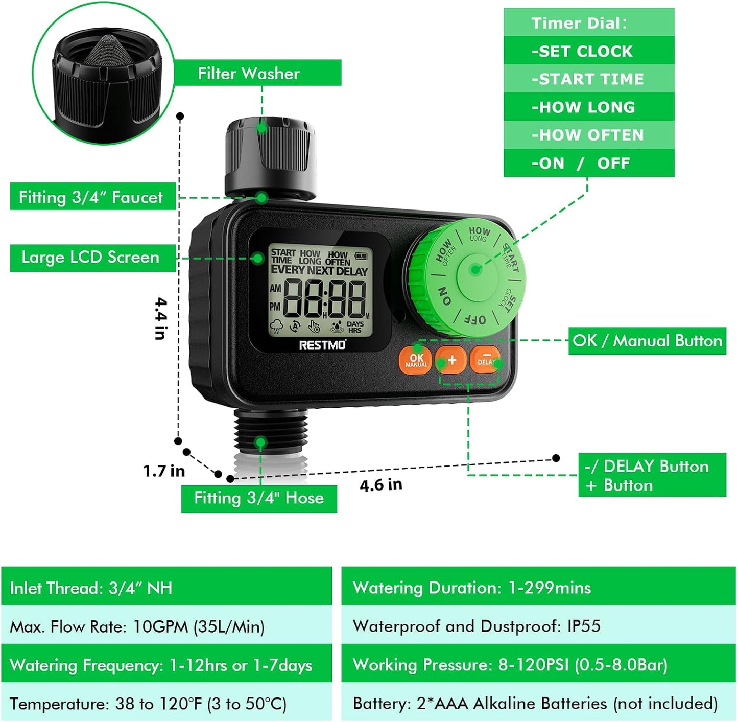 Sprinkler Timer, Programmable Water Timer for Garden Hose, Automatic Control | Manual ON/Off | Rain Delay for Outdoor Faucet, Drip Irrigation and Lawn Watering System