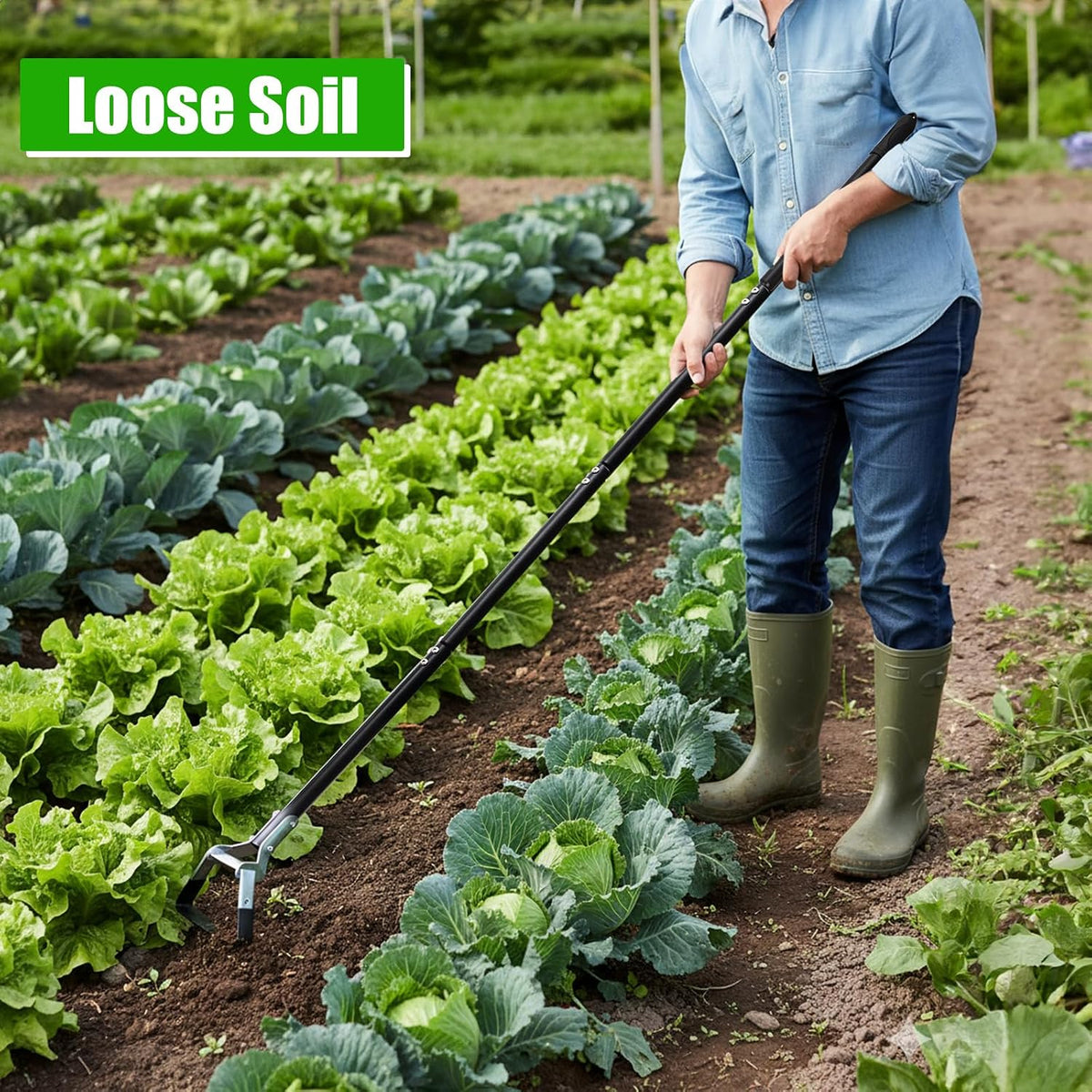 Lawei Adjustable Hoe Garden Tool, 68.5 Inch 4-Section Long Handle Scuffle Loop Hoe for Weeding, Heavy Duty Steel Stirrup Action Hoe with Triangle Head for Lawn, Yard, Flower Beds and Vegetable Gardens