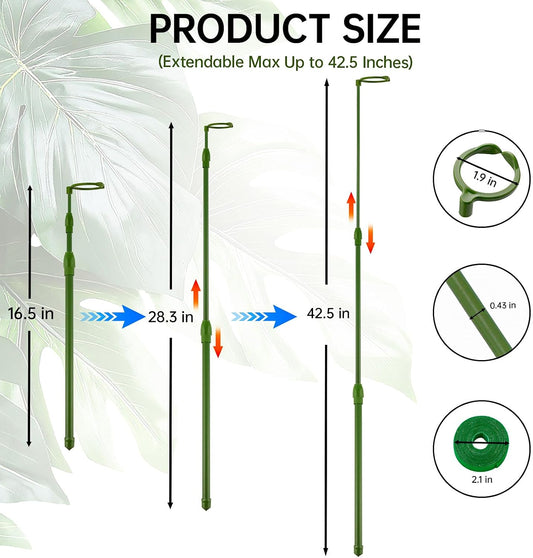3 Pack Extendable Plant Stakes, 16.5-42.5 Inch Plant Stakes for Indoor Outdoor, Adjustable Monstera Plant Support Sticks with Clips for Clombing Plants, Vine, Orchid, Tomato, Vegetables