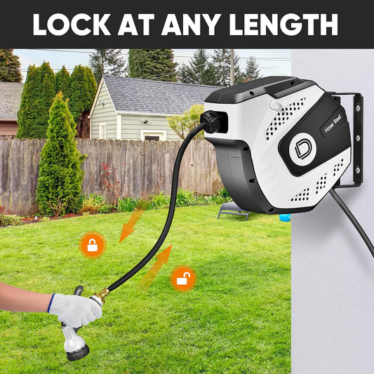 5/16 Inch x 40 Ft Retractable Garden Hose Reel, Extremely Durable, Adjustable Length Lock, Gradual Return Mechanism, Wall-Mounted with 180 Degree Swivel Bracket, White