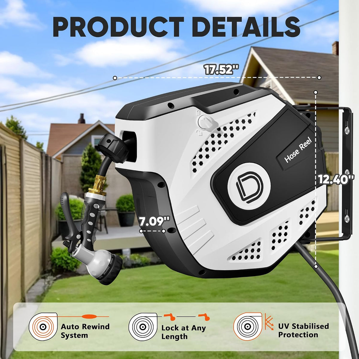 5/16 Inch x 40 Ft Retractable Garden Hose Reel, Extremely Durable, Adjustable Length Lock, Gradual Return Mechanism, Wall-Mounted with 180 Degree Swivel Bracket, White