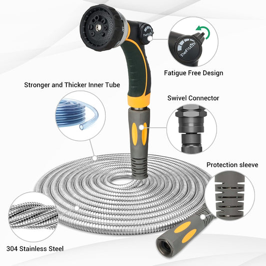 Flexible Metal Garden Hose - 75 FT Lightweight Stainless Steel Water Hose with Solid Fittings and Sprayer Nozzle - Leak Proof, Kink Free, Anti-rust, Large Diameter, Durable and Easy Storage