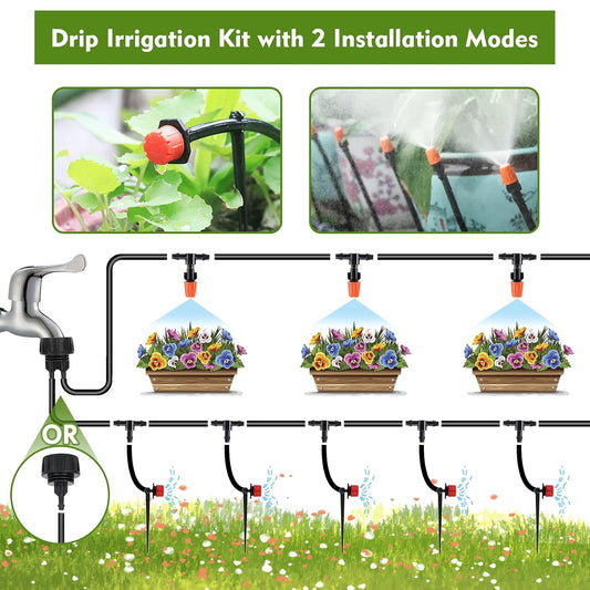 Drip Irrigation Kit, Drip Irrigation System for Garden with 1/4" Irrigation Tubing DIY Saving Water Automatic Watering System for Garden, Greenhouse, Flower Bed, Patio, Lawn