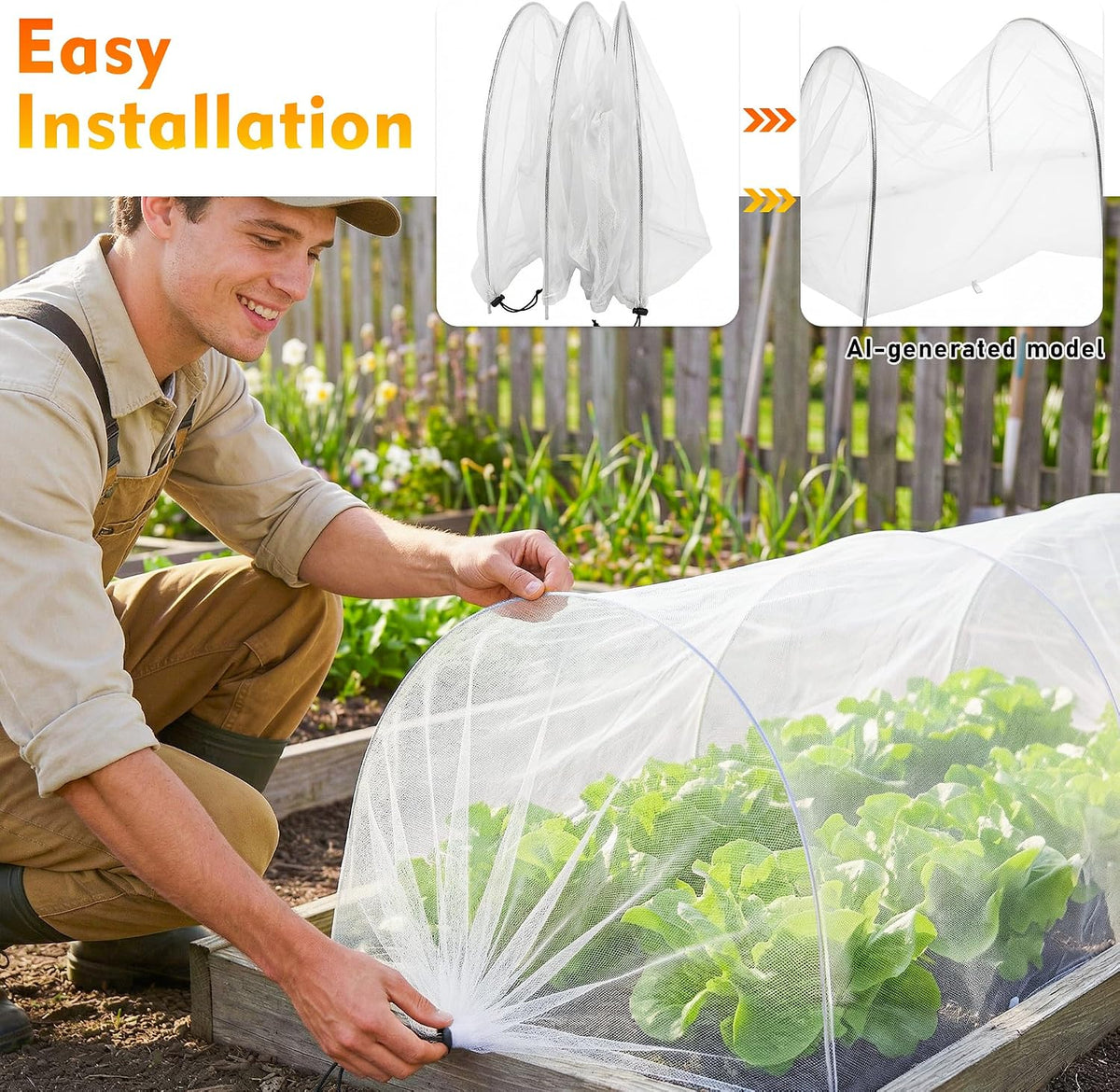 2PCS 4ft Garden Row Accelerator Plants Cover, Pop Up Garden Bed Tunnel Net with 6 Stakes, Ready-to-Use Design Garden Beds Vegetable Rows Plant Protector for Protecting Vegetable Fruit