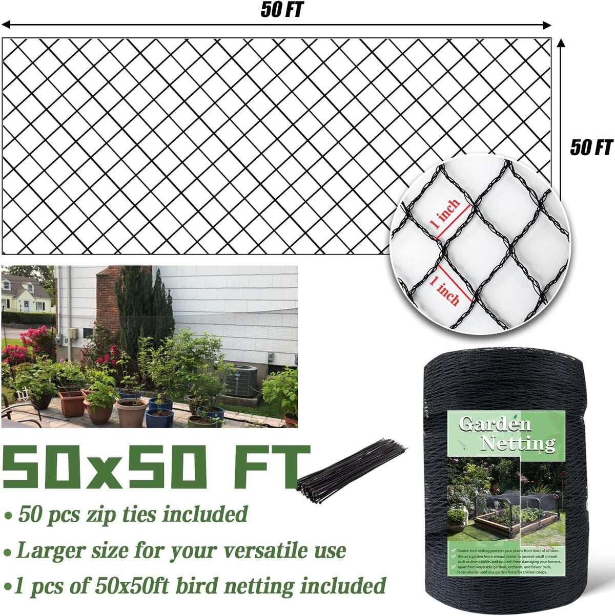 7.5 x 100 FT Bird Netting,1/2" Mesh Garden Netting,100PCS Zip Tie