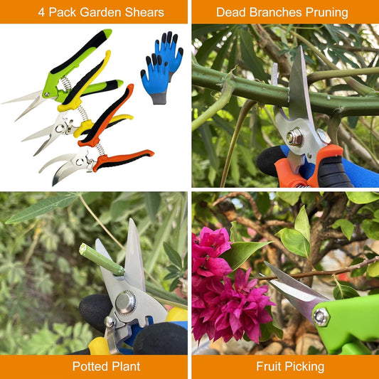 Pruning Shears, 4 Pack Garden Shears with Gardening gloves, Clippers Handheld, Stainless Steel Garden Snips, Pruners for Gardening