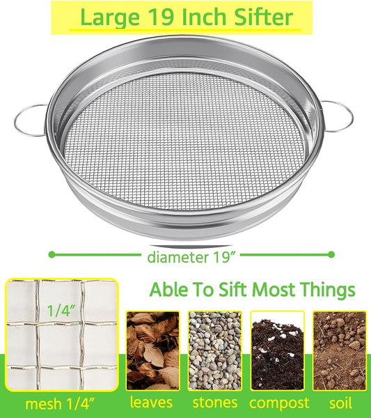 19“ Large Soil Sifter with Handle for Gardening, Dirt Sifter, Compost Sifter, Rock Sand Sifter, Wheelbarrow Sifter, Garden Soil Sieve, Metal Gravel Pellet Worm Sifter, Heavy Duty Bin Outdoor