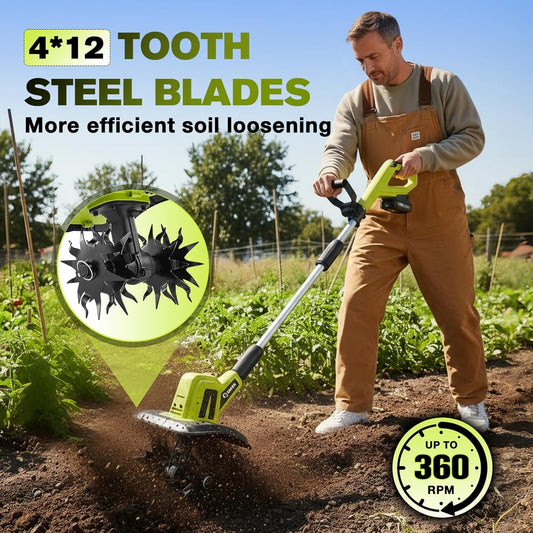 22V Cordless Garden Tiller Cultivator Rototiller for Gardening