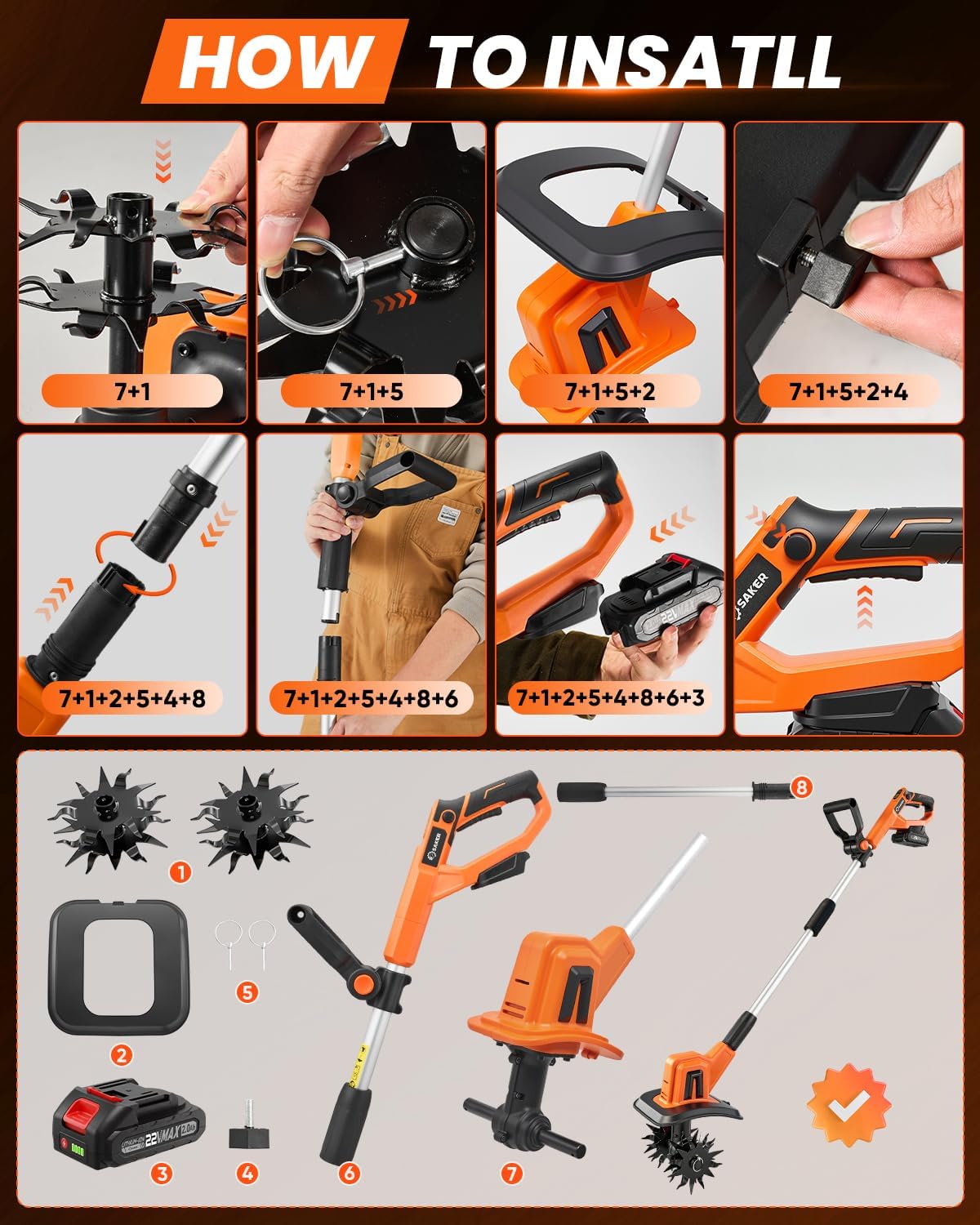 22V Cordless Garden Tiller Cultivator Rototiller for Gardening