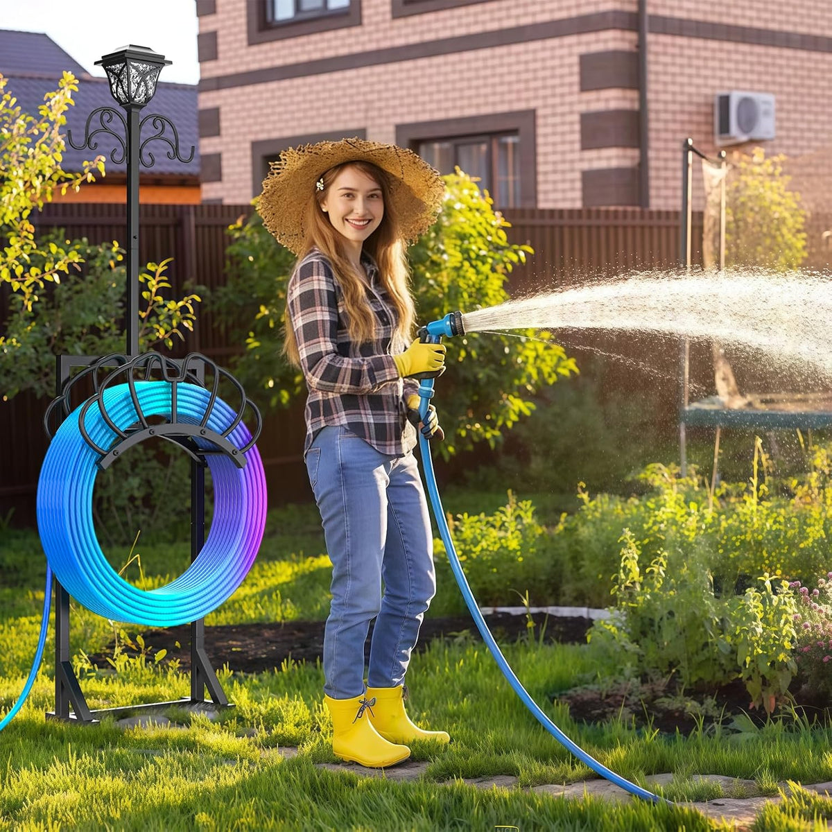 Garden Water Hose Holder with Solar Light & Shepherds Hooks for outside