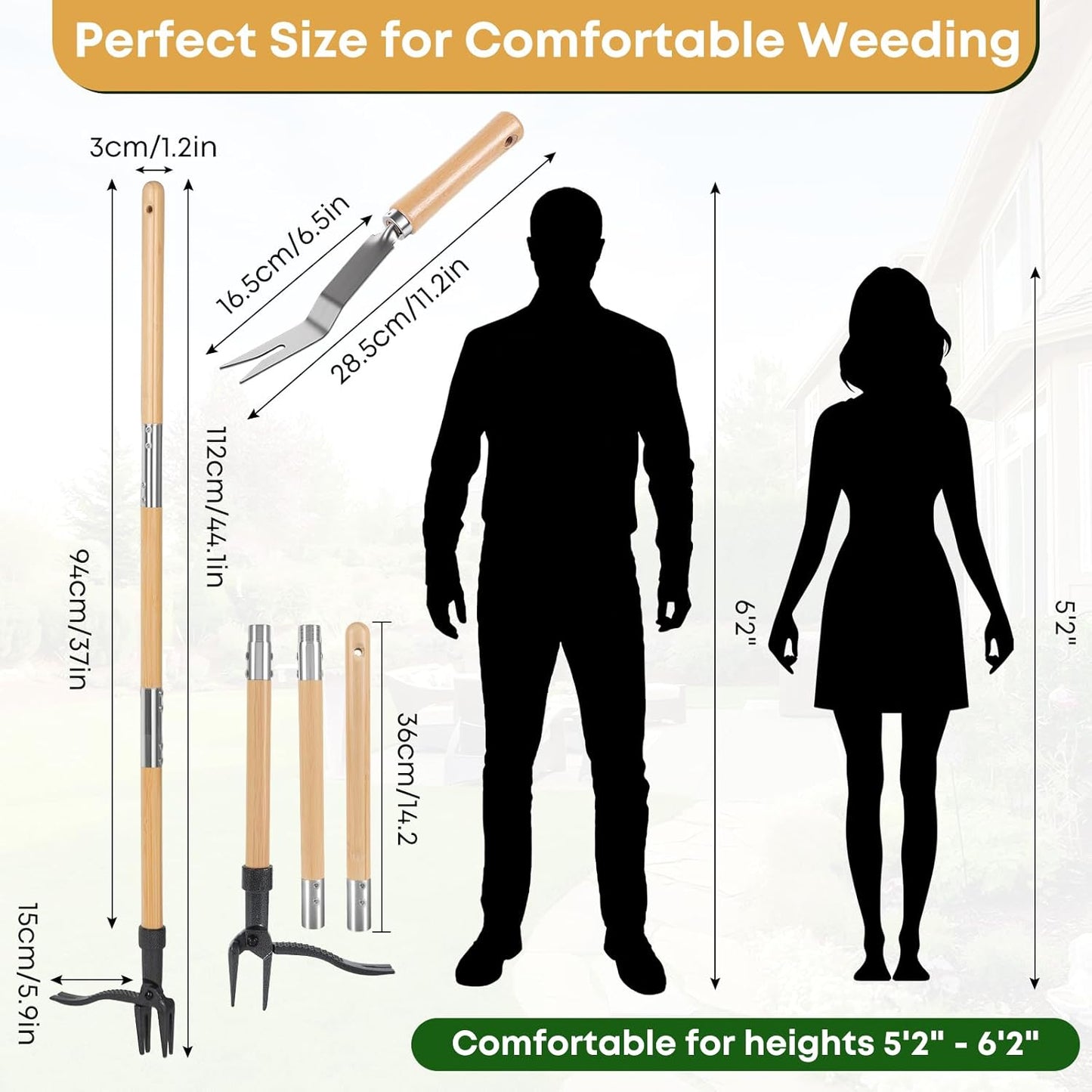 Stand Up Weed Puller Tool, Long Handle Weeder & Hand Weeder Fork Set - 46" No-Bend Deep Root Remover for Lawn, Garden & Yard, Seniors & Bad Back Friendly, Fits 5'2"-6'2", Bamboo Handle