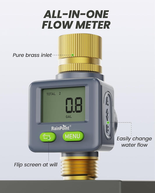 Water Flow Meter with Brass Inlet & Outlet, 180° Screen-Flip Water Meter, Measure Gallon/Liter Consumption for RV Filling, Garden Watering, Sprinkler and Hoze Nozzle