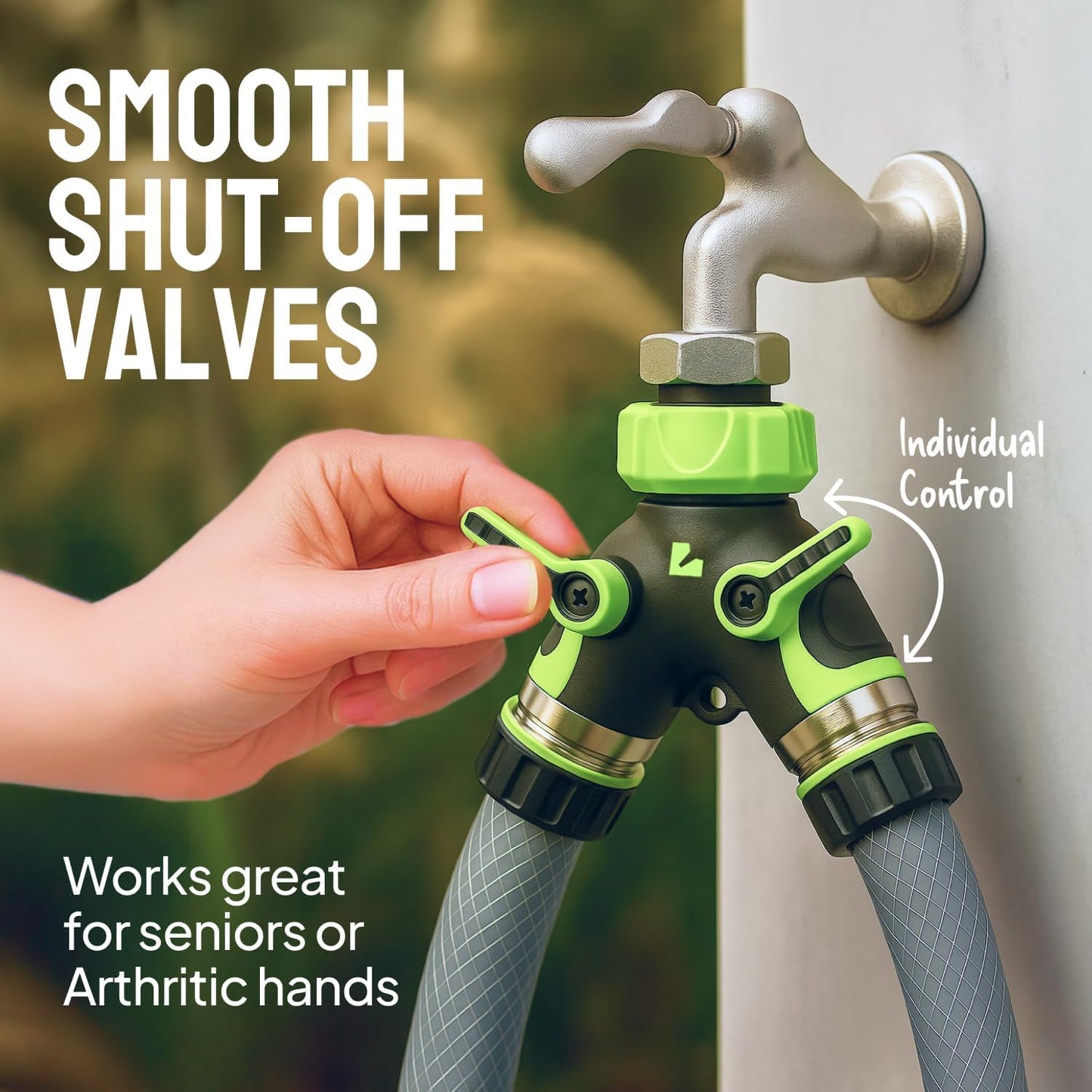 2 Way Hose Splitter Heavy Duty - Metal Y Garden Hose Splitter with Shutoff Valves, Brass Outdoor Faucet Adapter for Spigot, 3/4 Inch GHT Water Hose Connector - Green