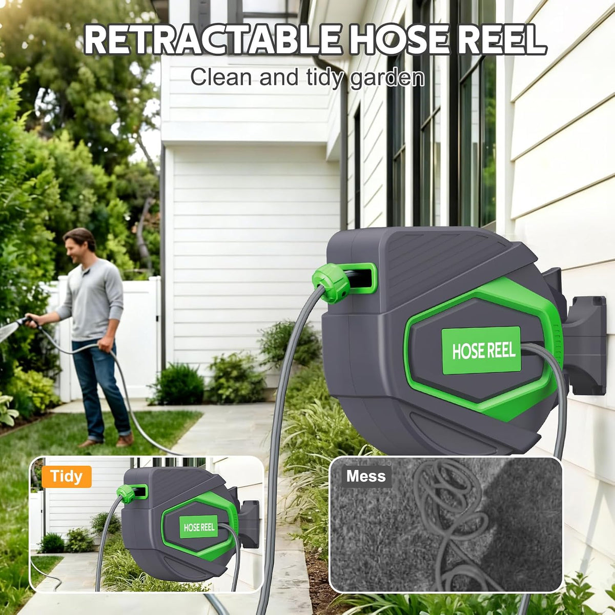Retractable Garden Hose Reel, 1/2 in x 100 Ft, for Garden Watering
