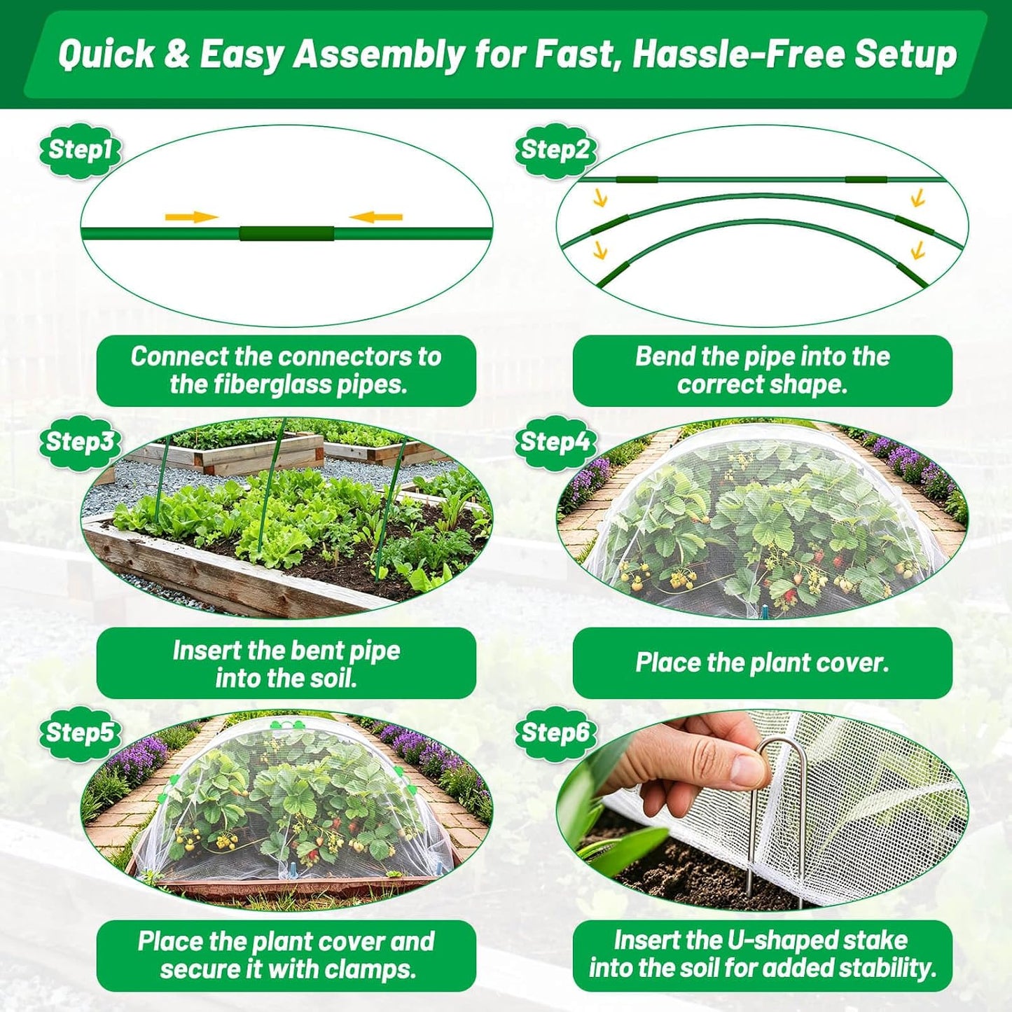 67pcs Garden Mesh Netting Kit, 6 Sets Wide Garden Hoops with Garden Covers