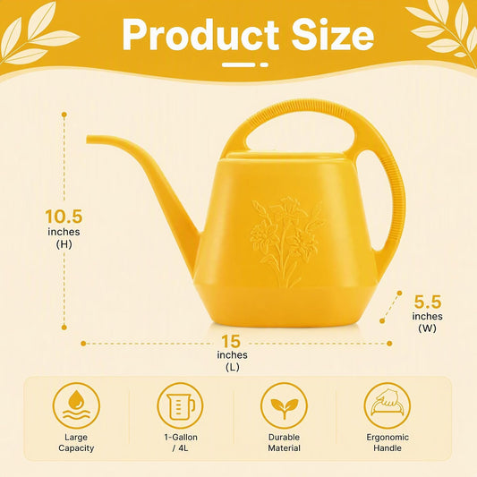 1-Gallon Plastic Watering Can with Comfortable Handle, Garden Watering Cans Long Spout for Indoor Outdoor Watering Plants, Yellow