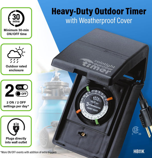 HB11K Heavy-Duty Outdoor Plug-in Timer – 2 ON/2 Off Settings, 30-Min Minimum Intervals, Weatherproof Flip Cover, 15A/1800W, 1 HP Rated, 13" Cord – Ideal for Pool Pumps, Lights, Decorations