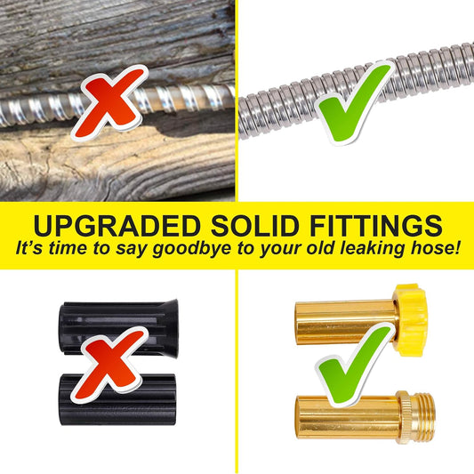 Metal Garden Hose 50FT - Stainless Steel Heavy Duty Water Hose with Metal Nozzle & 8 Function Sprayer, Portable & Lightweight Kink Free Yard Hose, Outdoor Hose