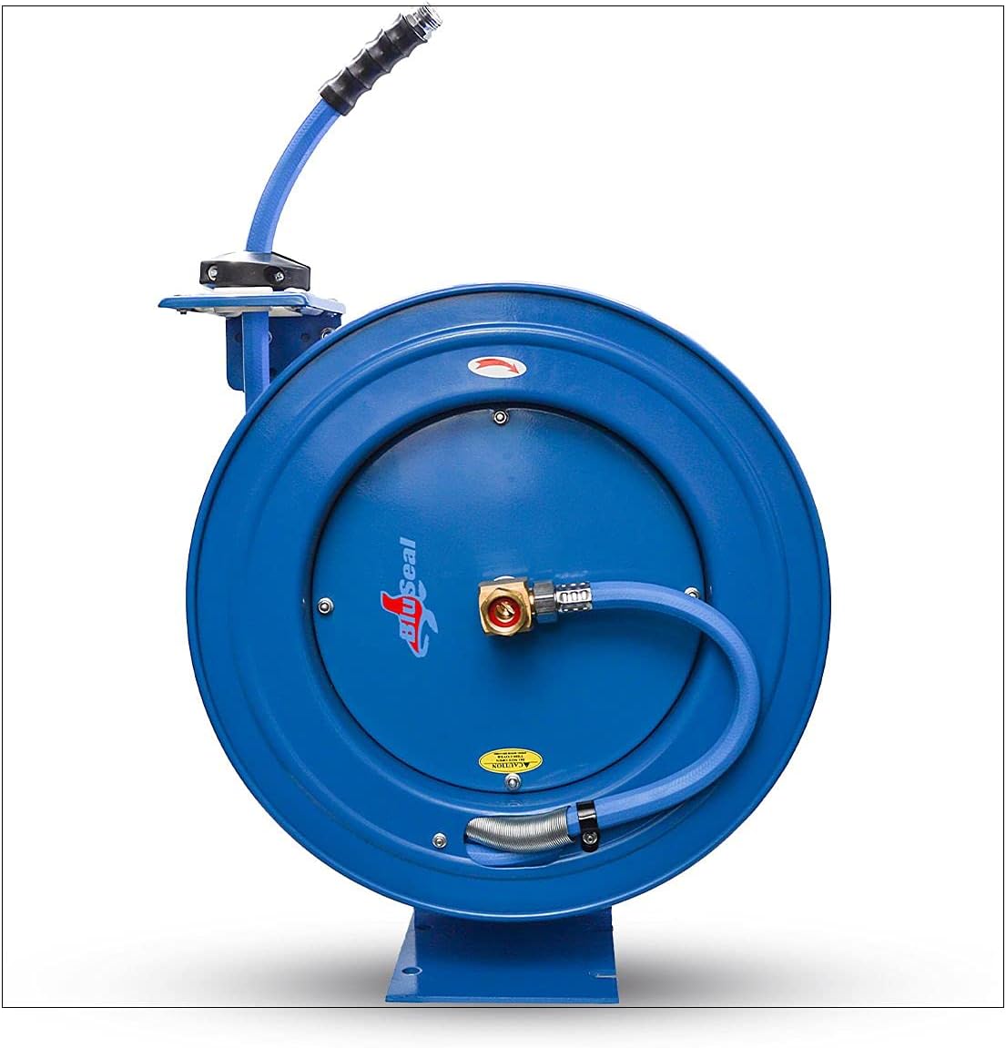 BLUSEAL BSWR1250HRS Retractable Hose Reel with 1/2" x 50' Hot Water Rubber Hose, 6' Lead-in, Hose Reel Swivel Mount, 9 Pattern Spray Nozzle