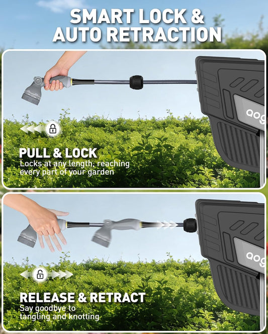 Retractable Garden Hose Reel: 1/2 in x 100 ft Wall Mounted Water Hose Reel with 10-Function Nozzle, Hose Reels for Outside, Any Length Lock, Brass Fittings, Slow Auto Rewind & 180° Swivel