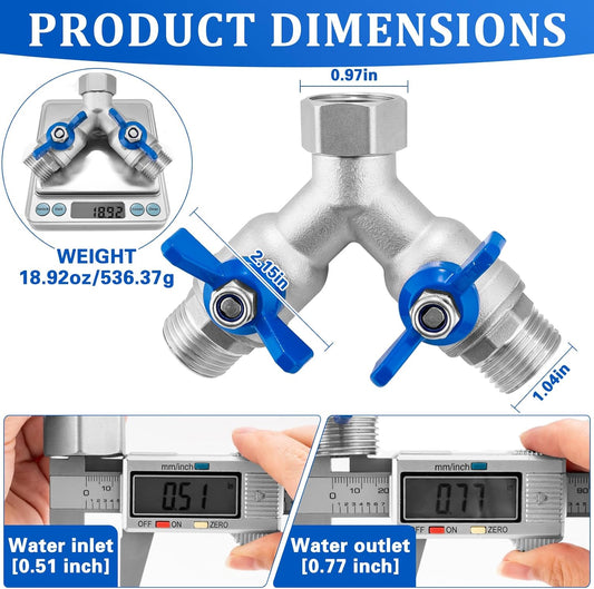 304 Stainless Steel Garden Hose Splitter 2 Way Heavy Duty Water Hose Splitter 3/4" GHT Hose Y Splitter with Shutoff Full Flow Outdoor Faucet Splitter With Wrench