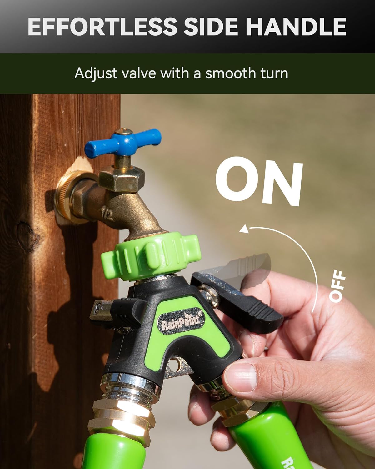 Garden Hose Splitter 2 Way, All Metal Heavy Duty Water Hose Y Splitter With 2.05" Extra Long Side Handle & Shut Off Valves, 3/4 Inch GHT Thread Connector For Outdoor Spigot Faucet (Green)