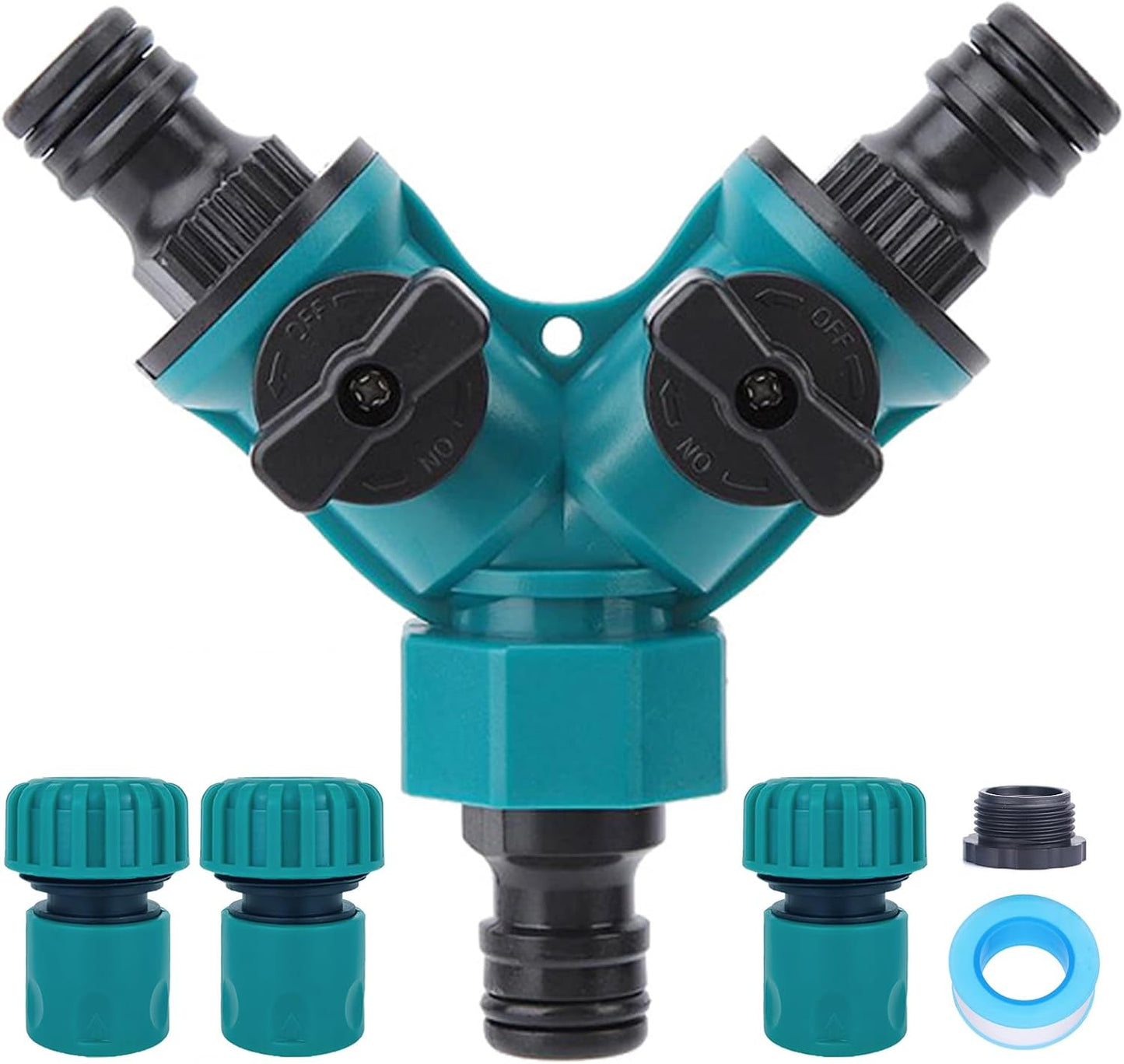 Garden Hose Splitter 2 Way, Y Water Tap Splitter with ON-OFF Valves, 3 Way Hose Connector, PTFE Tape, 3pcs Rubber Washers, 1pc Female + 2pcs Male 3/4 Inch Hose End Quick Connectors