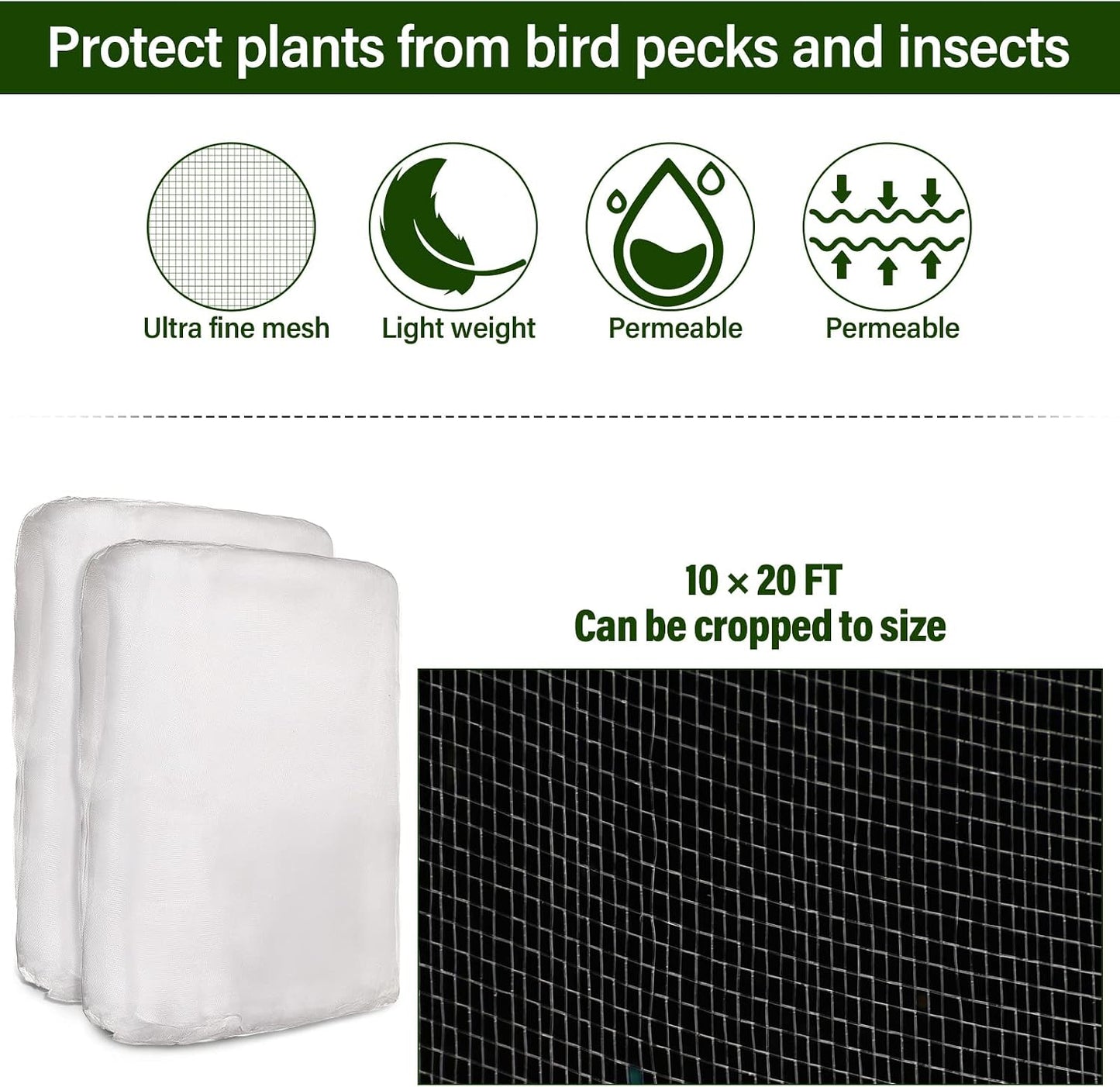 2 Set Garden Netting Kit for Raised Beds Ultra Fine Mesh Netting with 100 Hoops 72 Clips 80 Connectors for Garden Row Cover Vegetable Flowers Protection Barrier Plant Covers(10 x 33 ft)