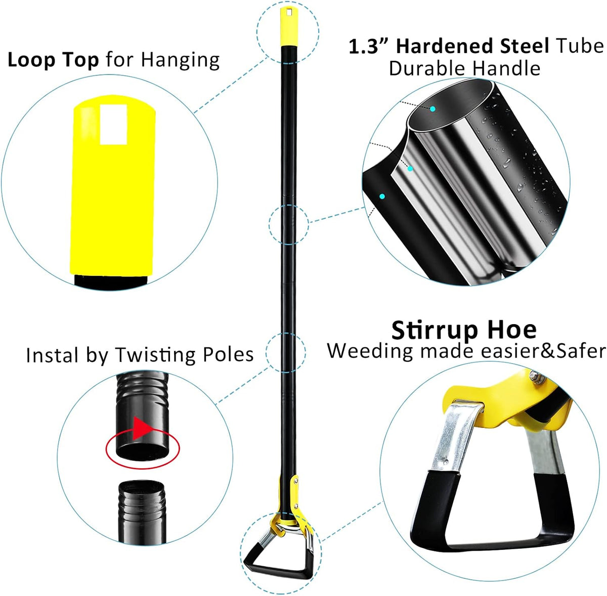 Hoe Garden Tool -Scuffle Garden Hoes for Weeding Gardening Long Handle Heavy Duty - Adjustable Weeding Loop Stirrup Hoe 30-61 Inch Black
