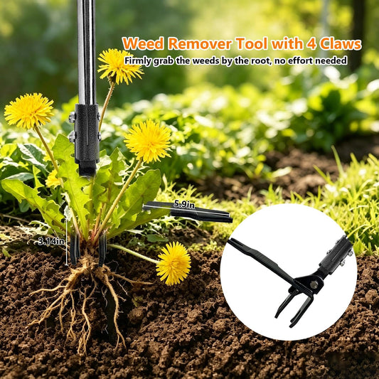 Weed Puller Tool Stand Up Hand Weeder Tool with Adjustable Long Handle, Weed Remover with Steel Head, Remove Weeds Root Easily without Bending, Pulling or Kneeling for Lawn Yard Garden (4 CLAWS)