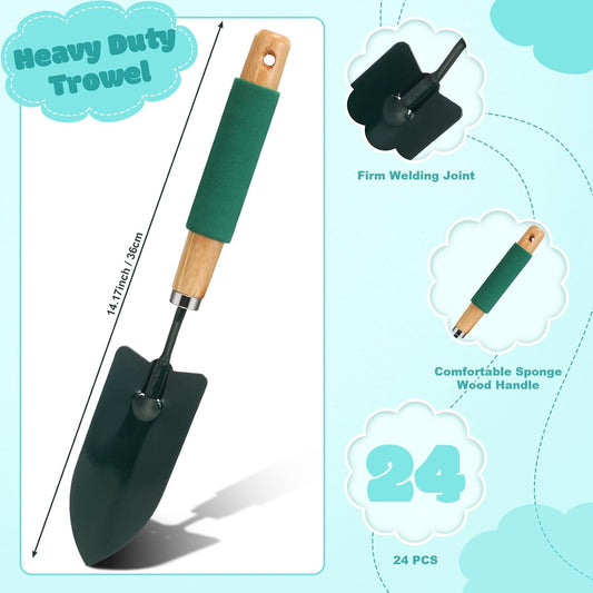 24 Pcs Garden Metal Shovel Digging Trowel Wood Handle Flower Soil Planting Tool for Community Volunteer Gardening Home Lawn Farm Flower Seed Plant Planting Weeding Gardening, green