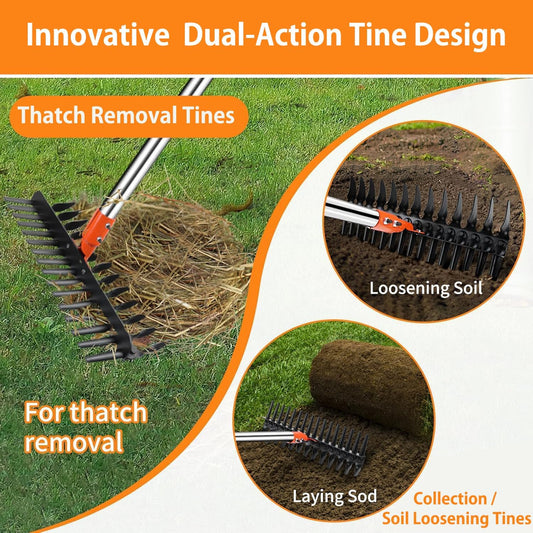 2-in-1 Thatch Rake with Dual Different Tines - Dethatcher Rake for Lawns, Versatile Lawn Rake for Thatch Removal and Soil Care, Heavy Duty Garden Rake Includes Reusable Waste Bag & Gloves