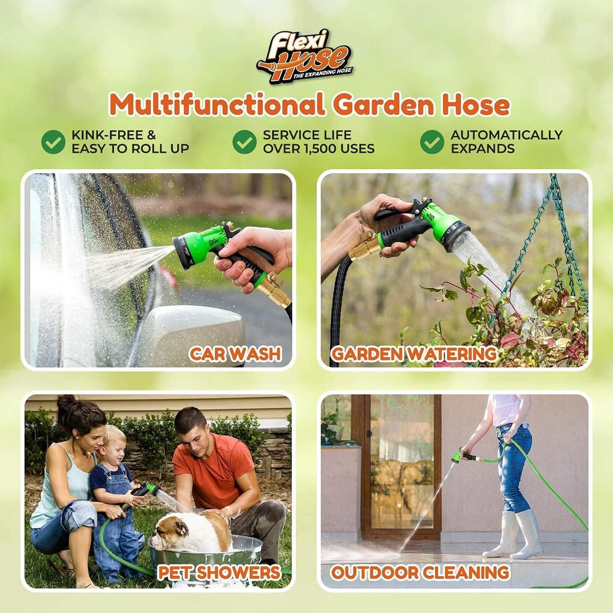 Expandable Garden Hose with 8 Function Nozzle, 50FT - Lightweight Retractable Garden Hose, Water Hose - No-Kink Flexibility, 3/4 Inch Solid Brass Fittings and Double Latex Core