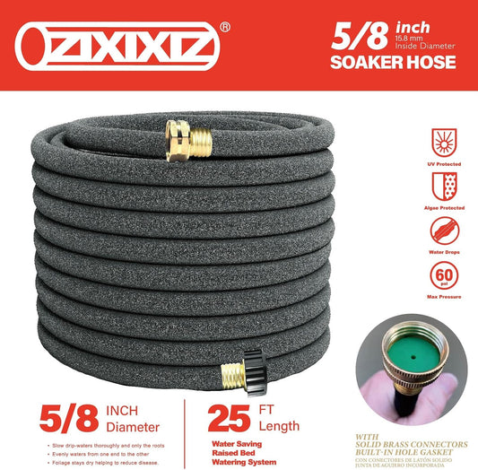 25FT 5/8-Inch Soaker Hose, Flexible with Solid Brass Connector, Leak-Resistant Watering System for Gardens & Vegetable Beds
